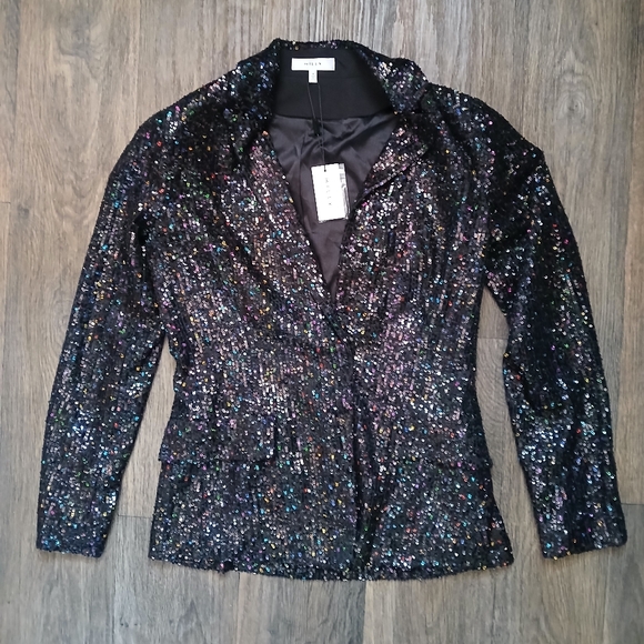 NWT MILLY Confetti Sequin Fitted Blazer in Black Multi - Picture 2 of 16